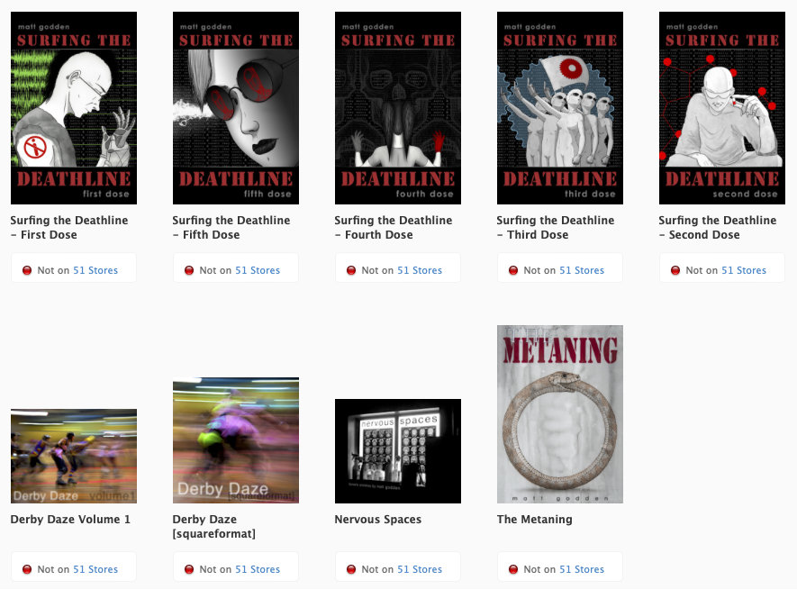 An image depicting Golgotha Graphics' books on Apple's book store. Each book has a red dot and label indicating "not on 51 stores".
